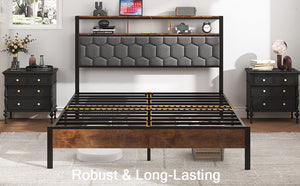 English Elm King platform bed with upholstered headboard, built-in USB & Type-C charging, large hidden storage, silent assembly Brown W636P317031