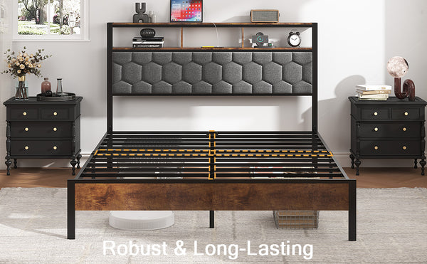 English Elm King platform bed with upholstered headboard, built-in USB & Type-C charging, large hidden storage, silent assembly Brown W636P317031
