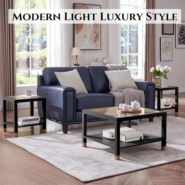 English Elm Glass Two Tier Square Side Table with Gold Mesh Tempered Top and Black Metal Frame Black+Gold W3587P456317