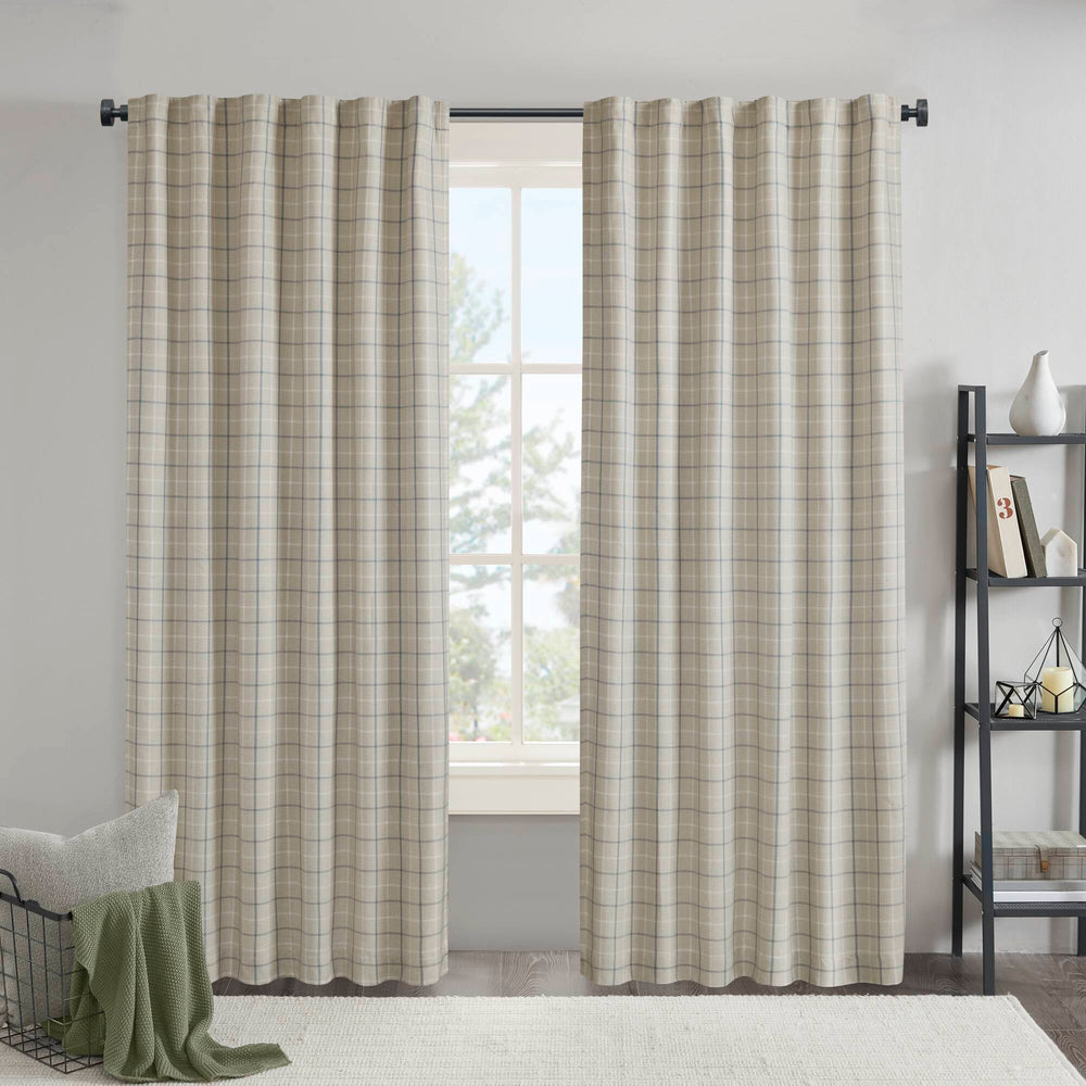 JLA Home Madison Park - Plaid Faux Leather Curtain Panel with Fleece Lining for Insulation, Privacy, Light‑Filtering Elegance linen blue MP40-8736