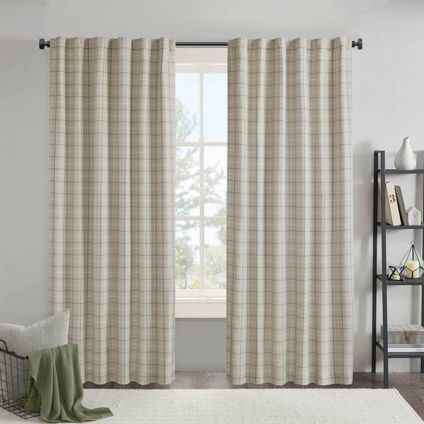 JLA Home Madison Park - Plaid Faux Leather Curtain Panel with Fleece Lining for Insulation, Light Filtering & Privacy - 50" Wide linen blue MP40-8737