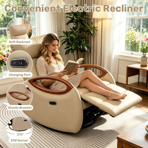 English Elm Power Recliner Chair with 260 Degree Swivel Oak Armrests and Eco Leather Upholstery W3795P499257