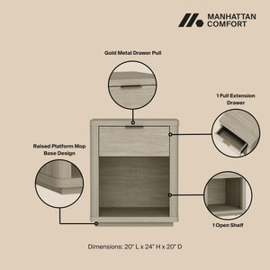 English Elm Evelyn Natural 20" Nightstand with 1 Drawer & Open Shelf, Rounded Edges, Sleek Pulls, Raised Base B365P398518