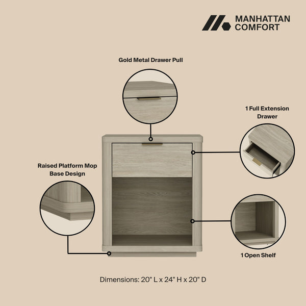 English Elm Evelyn Natural 20" Nightstand with 1 Drawer & Open Shelf, Rounded Edges, Sleek Pulls, Raised Base B365P398518