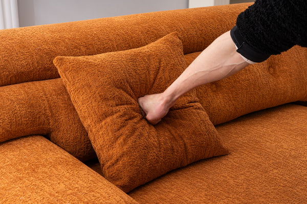 English Elm LY-029 Amber Orange Reconfigurable 4-Seater Modular Sofa with Wood-Grain Chenille, 2 Pillows, Cozy Comfort W2231S00022