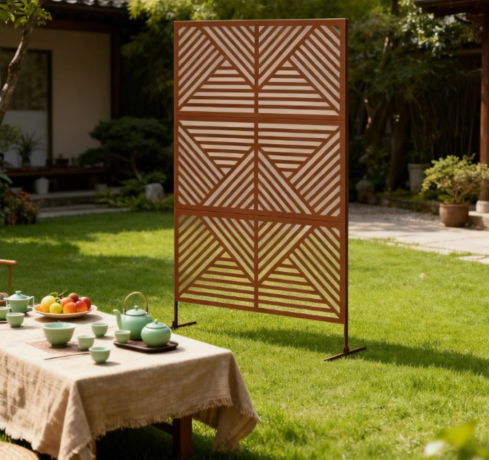 English Elm Metal Powder Coated Steel Trellis Screen Three Panel Rhombus Patio Garden Divider T3971P421200