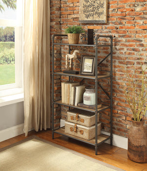 English Elm Itzel 4-Tier Antique Oak & Sandy Gray Bookshelf – Open Back Metal Frame, Fixed Wooden Shelves, 23.5" x13.2" B2726P282914