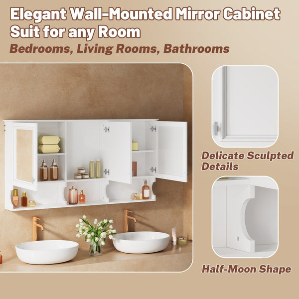 English Elm 55 Inch Wall Mount Medicine Cabinet Dual Mirrored Doors Soft Close Bathroom Vanity Storage N710P401337K