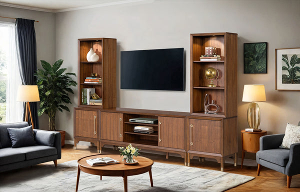 English Elm Mid-Century Hepburne Entertainment Center Walnut Finish LED Piers Gold Legs Adjustable Shelves 79" B2741S00661