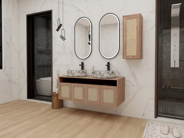English Elm 48" Floating Bathroom Vanity Dual Ceramic Vessel Sinks Oak Finish Soft Close Doors W999S00500