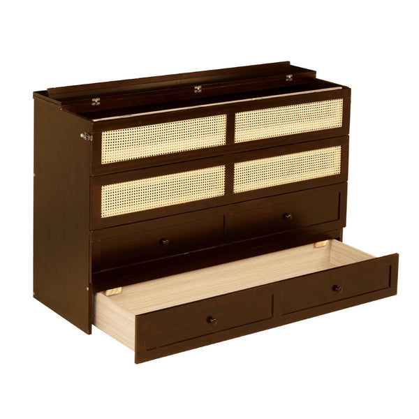 English Elm Queen Size Murphy Bed - Stylish Walnut Pine Cabinet With Rattan Accents & Full-Width Storage Drawer W504S00231-GIGA