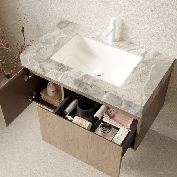 English Elm Muri Floating Bathroom Vanity with Sintered Stone Top and Oak Veneer Woodgrain Cabinet W2615S00591