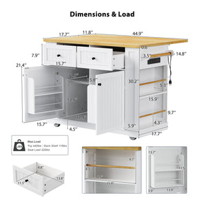 English Elm K&K 48 Inch Kitchen Island Cart with Drop Leaf, Built-In Power Station, Adjustable Shelves & Wheels White N707P257057W