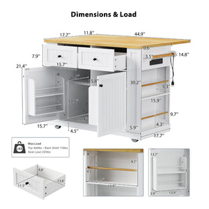 English Elm 48 Inch Rolling Kitchen Island Drop Leaf Prep Cart with Power Outlets and Open Shelving White N707S257057W