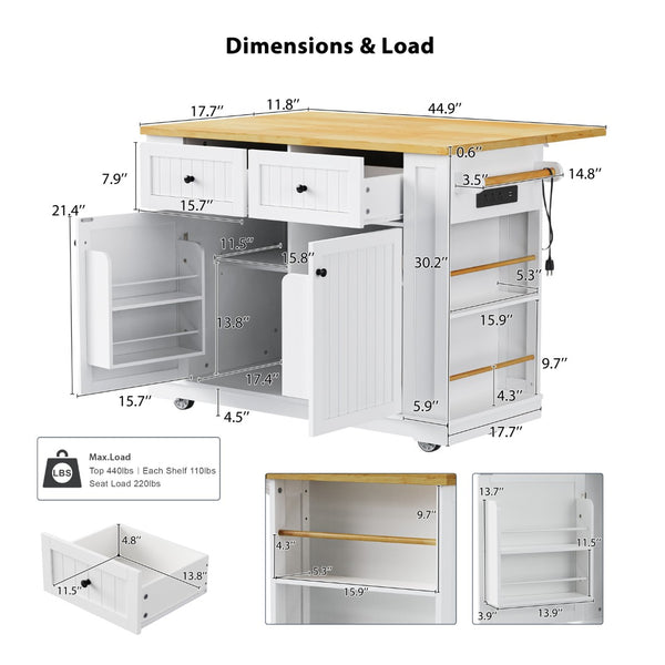 English Elm 48 Inch Rolling Kitchen Island Drop Leaf Prep Cart with Power Outlets and Open Shelving White N707S257057W