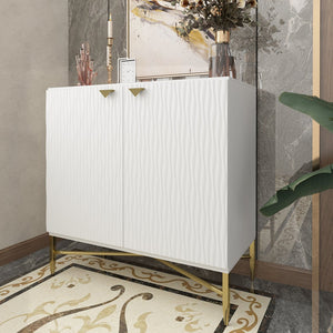 English Elm 2 Door White Locker Accent Cabinet with Gold Spindle Legs, Diamond Ripple Doors, Adjustable Shelves, Modern Storage Elegance T3609P347437