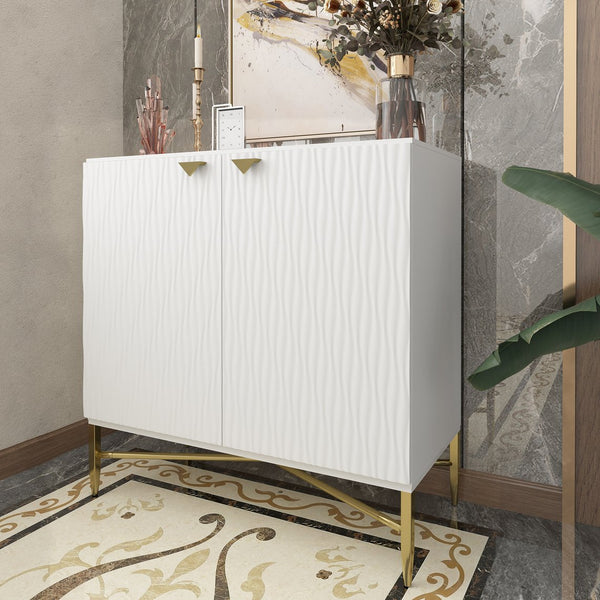English Elm 2 Door White Locker Accent Cabinet with Gold Spindle Legs, Diamond Ripple Doors, Adjustable Shelves, Modern Storage Elegance T3609P347437