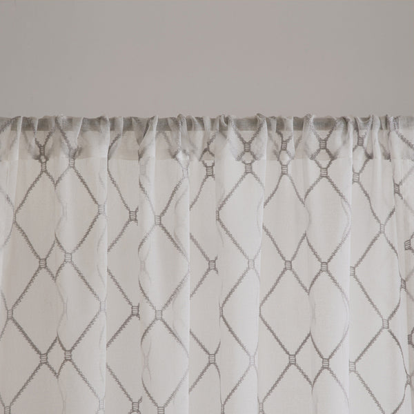 JLA Home Madison Park - Diamond Sheer Window Curtain Panel with Embroidered Diamond Texture for Soft Light Diffusion and Layering White/Grey MP40-2010