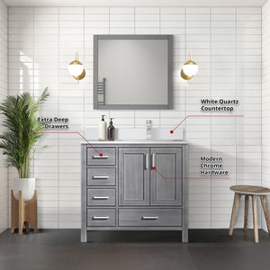 English Elm Distressed Grey Bath Vanity Set With Right Offset White Quartz Top, Chrome Faucet & 34" Mirror B2731S01267