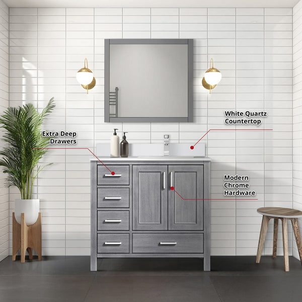English Elm Distressed Grey Bath Vanity Set With Right Offset White Quartz Top, Chrome Faucet & 34" Mirror B2731S01267