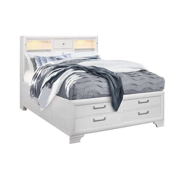 English Elm Civic White King Bedroom Set with Bookcase Headboard Built-in Lighting and Storage B201S00492