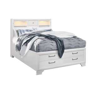 English Elm Civic Queen Storage Bed Bookcase Headboard with Built in Ambient Lighting White B201S00493