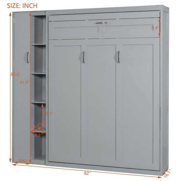 English Elm Full Size Murphy Bed with Open Shelving Wardrobe and Led Lighting for Studio Spaces Gray LP000898AAE