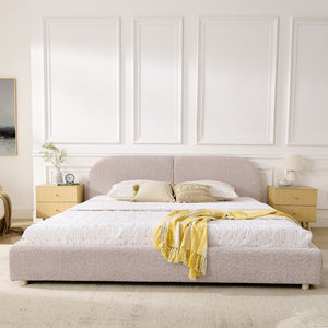 English Elm King Platform Bed Fully Upholstered in Plush Chenille with Low Profile Modern Frame Pink W487S00476
