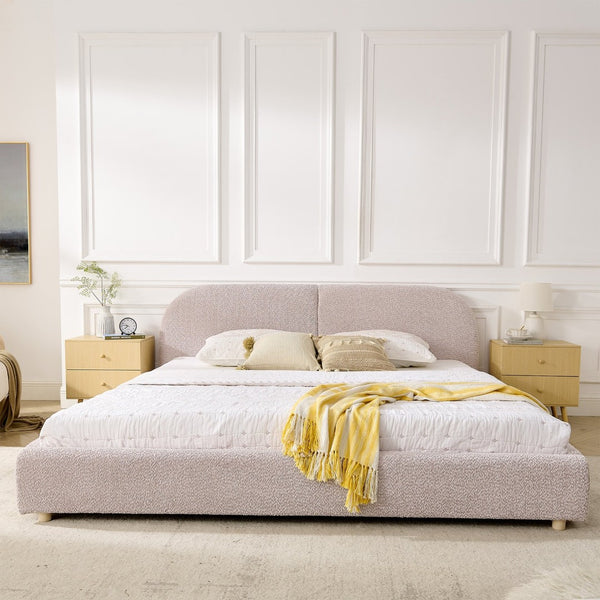 English Elm King Platform Bed Fully Upholstered in Plush Chenille with Low Profile Modern Frame Pink W487S00476