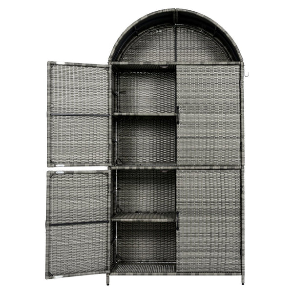 English Elm K&k Tall Arched Pe Rattan Outdoor Storage Cabinet with Adjustable Shelves and Steel Frame Grey N707P420158G