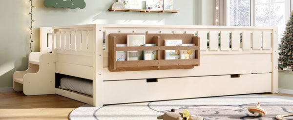 English Elm Twin Kids Platform Bed with Trundle Staircase Bookshelf and Rounded Safety Rails Beige W1580S00559