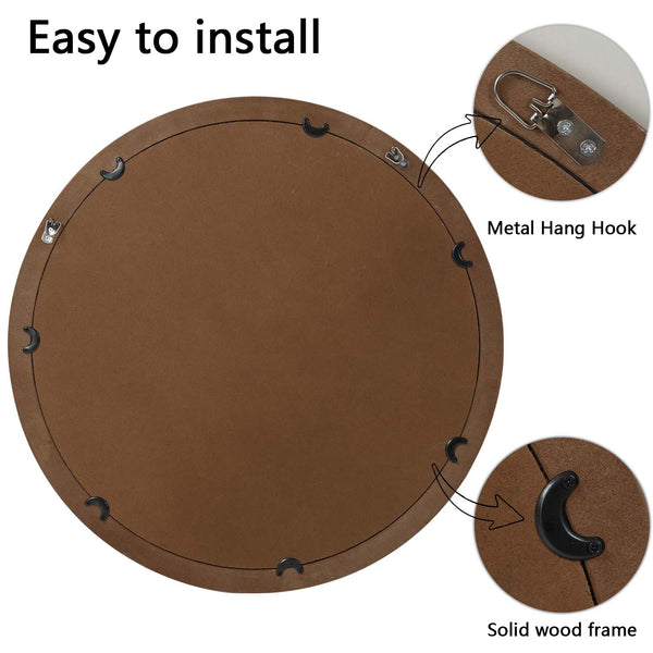 English Elm Rustic Round Wood Beaded Wall Mirror 23.6" Antique Natural Farmhouse Decor HD Glass Reflection W2295P246677