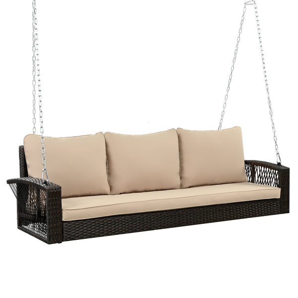 English Elm GO 69" PE Wicker 3-Person Porch Swing with 800lb Capacity, Cushioned Patio Bench for Backyard Relaxation Brown N704P250643D
