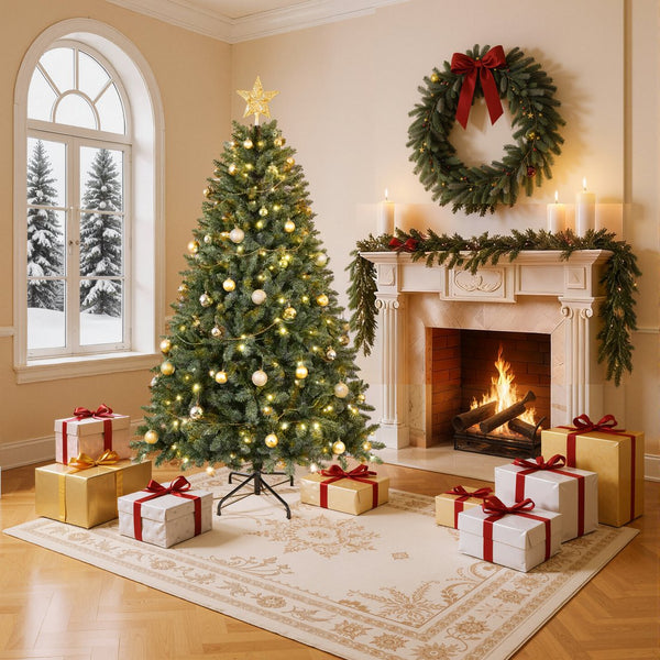 English Elm Christopher Knight Home® - 6FT Lush Pre-Lit Christmas Tree with 250 Warm White LEDs, 1000 PVC Tips, Hinged Branches, Metal Stand N769P351699G