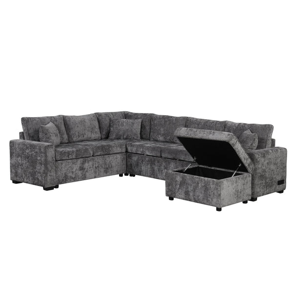 English Elm 112.2" Sectional Sofa Pull-Out Bed with Storage Ottoman, USB Charging, Pocket Spring Comfort, Tweed Chenille Upholstery Grey N719S001540E