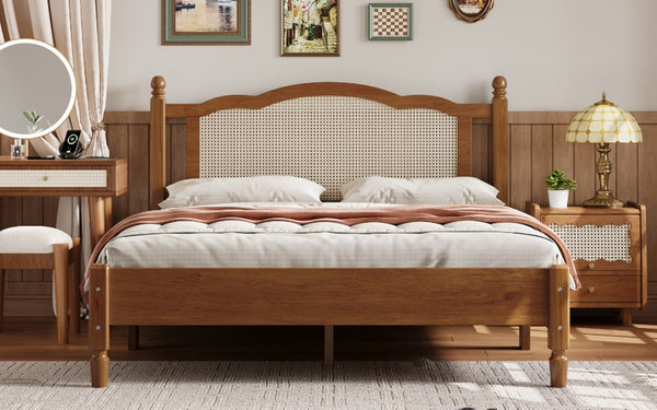 English Elm Queen Arched Rattan Headboard Platform Bed Matte Pine Frame No Box Spring Needed Walnut N733P180013D