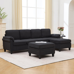 English Elm 102 Inch Linen Modular Sectional Sofa with Hidden Storage and Cloud Cushion Comfort Black W1099S00211