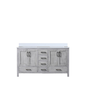 English Elm Distressed Grey Double Bath Vanity 60" W x 22" D with White Quartz Top, Solid Wood, Soft-Close Storage B2731P258888