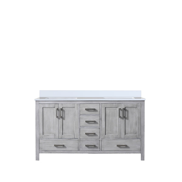 English Elm Distressed Grey Double Bath Vanity 60" W x 22" D with White Quartz Top, Solid Wood, Soft-Close Storage B2731P258888