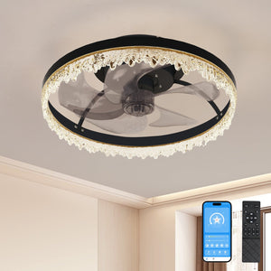 English Elm Smart Luxury Crystal Ceiling Fan with LED Light, 16" Flush Mount, 5 Invisible Blades, Dimmable Remote App Control W2312P368701