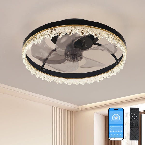 English Elm Smart Luxury Crystal Ceiling Fan with LED Light, 16" Flush Mount, 5 Invisible Blades, Dimmable Remote App Control W2312P368701