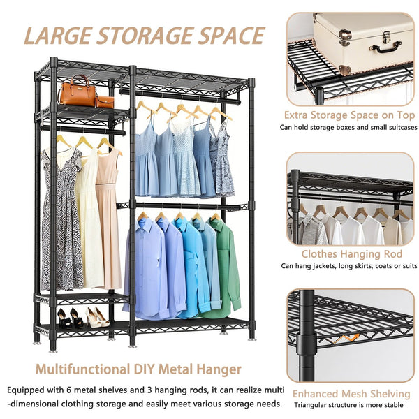 English Elm Heavy Duty Clothes Rack — 6 Adjustable Wire Shelves & 3 Rails, Portable Metal Organizer, Black, Heavy-Duty Storage Solution W3204P366324