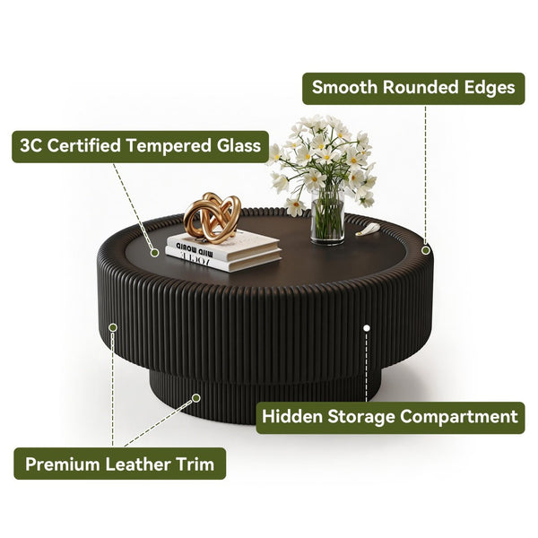 English Elm 31.5" Fluted Leather Round Coffee Table Tempered Glass Lift Top Hidden Storage Modern Black W3158P450847