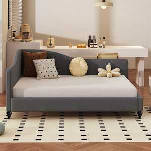 English Elm Full Size L-shaped Linen Upholstered Daybed with Solid Wood Legs for Corner Lounging Gray SF100146AAE-1