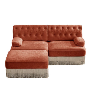 English Elm L-shaped Velvet Sectional Sofa Tufted Chesterfield Style with Tassel Skirt for Living Room Red+Brown W714S01720