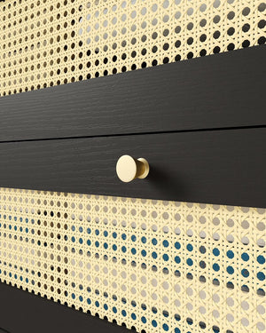 English Elm 4 Drawer Dresser Black - Modern Rattan-Front Chest with Wide Metal-Handle Drawers, Durable MDF Storage W2227P144261