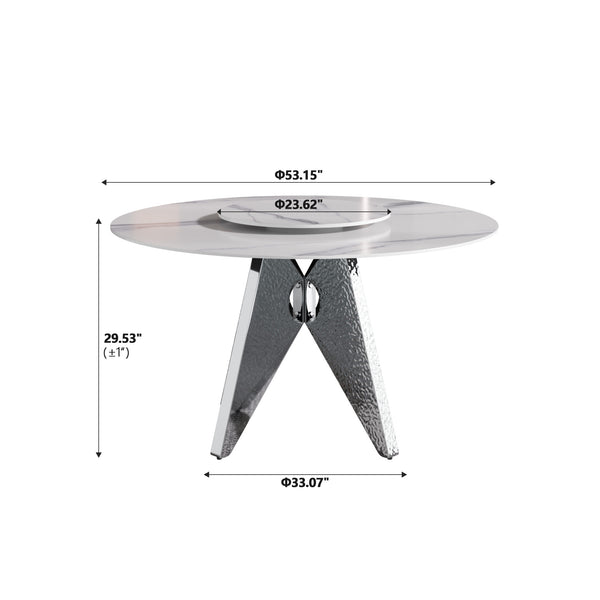 English Elm 53" Round Marble Dining Table With Rotating Turntable, Stainless Steel Base For 6, Modern Design W1535S00390