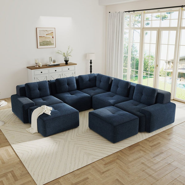 English Elm Modular Corduroy Sectional Sofa V Shaped 5 Seat Living Room Couch with Ottoman Blue W714S01580