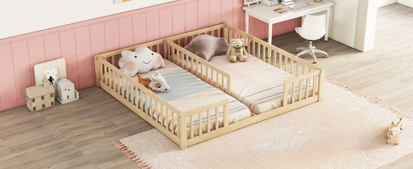 English Elm Double Twin Floor Bed With Safety Guardrails - Scandinavian Style, Durable Pine, Easy Assembly W504P143287