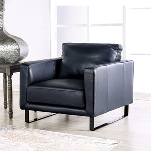 English Elm Contemporary Mezzanotte Italian Leather Armchair with Track Arms, Welted Box Cushions & Metal Legs Blue 38 L x 39 W x 28 H B2741S00578